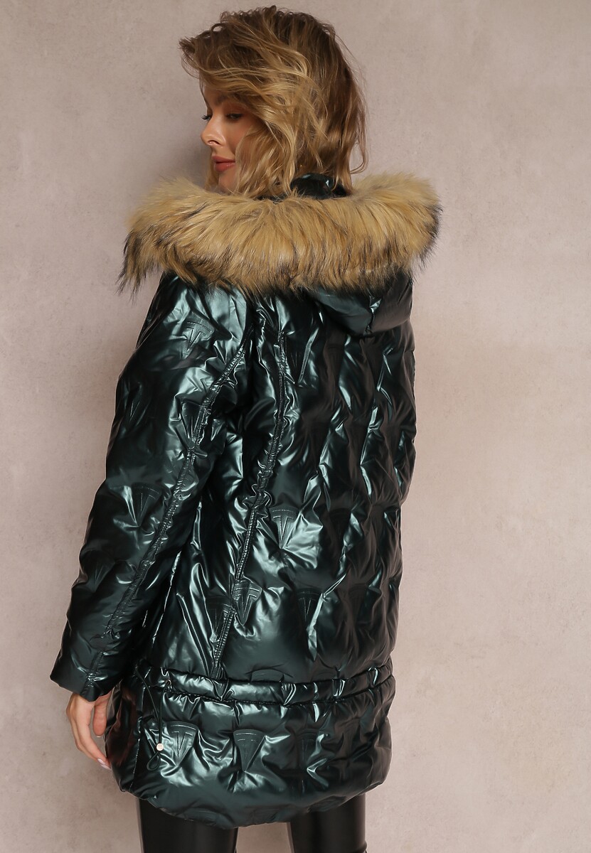 Ciemnozielona Kurtka Metaliczna z Futrzanym Kapturem Kajol