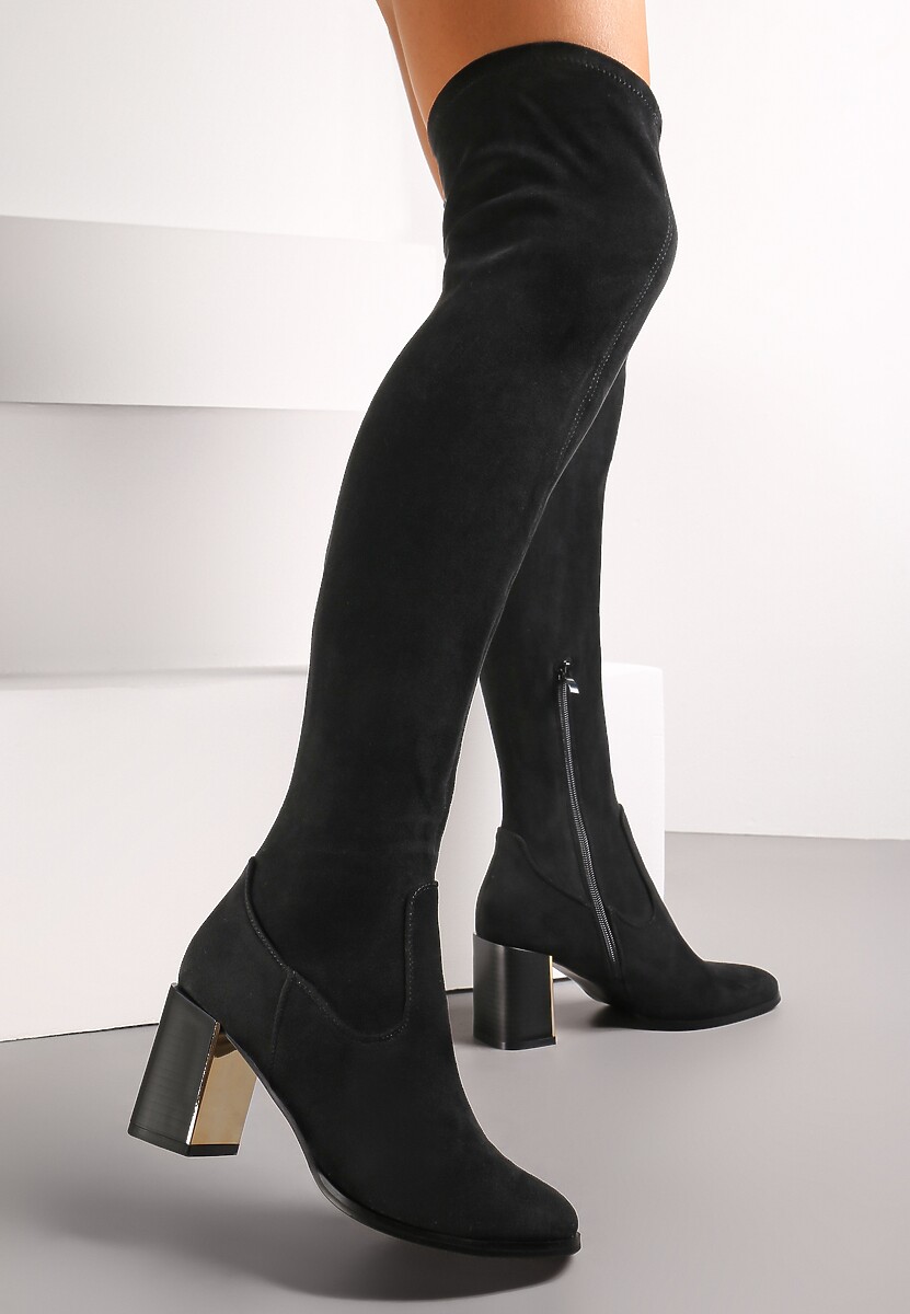 Czarne Długie Kozaki za Kolano z Imitacji Zamszu na Metalicznym Obcasie Terephne