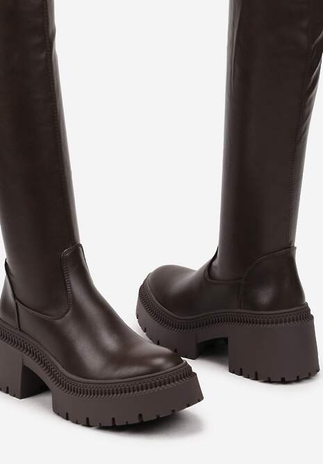 Brązowe Kozaki na Obcasie Typu Słupek z Wysoką Dopasowaną Cholewką Laoliana