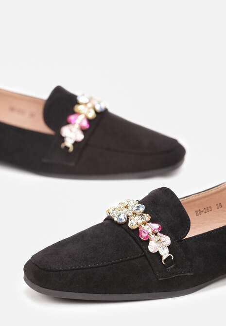 Czarne Mokasyny na Płaskiej Podeszwie z Ozdobą z Kryształków Peneda