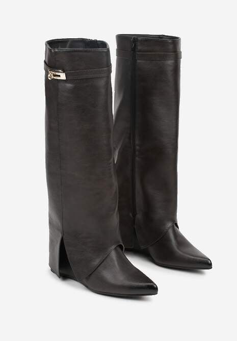 Brązowe Kozaki na Koturnie z Cholewką Imitującą Nogawkę z Aplikacją Testarria