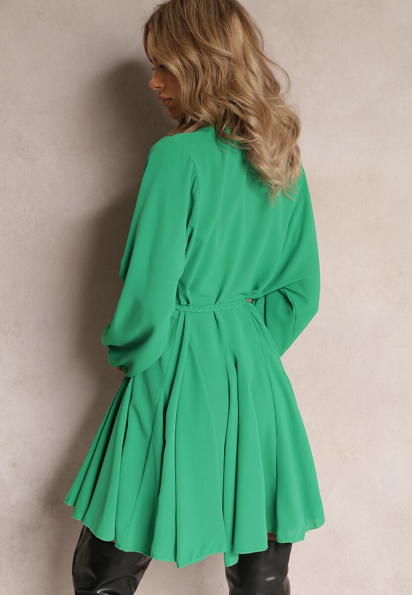 Zielona Rozkloszowana Sukienka Koszulowa z Paskiem Javiana