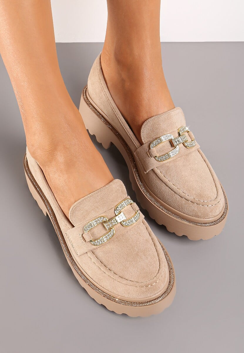 Ciemnobeżowe Mokasyny na Płaskim Obcasie z Klamrą z Cyrkonii Laviressa