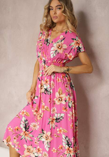 Różowa Kopertowa Sukienka w Kwiaty z Gumką w Talii Nobbia