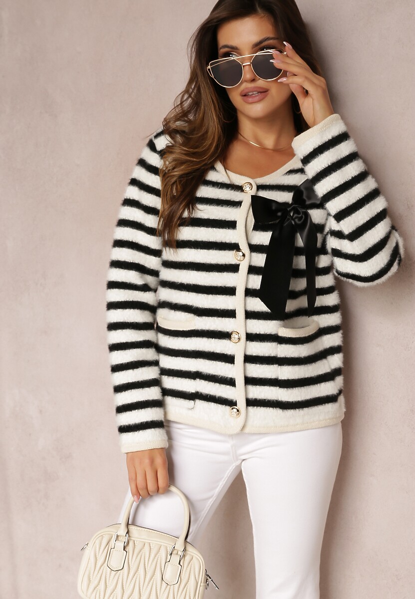 Czarny Kardigan z Wiskozowej Dzianiny w Paski z Satynową Kokardką Apiemia