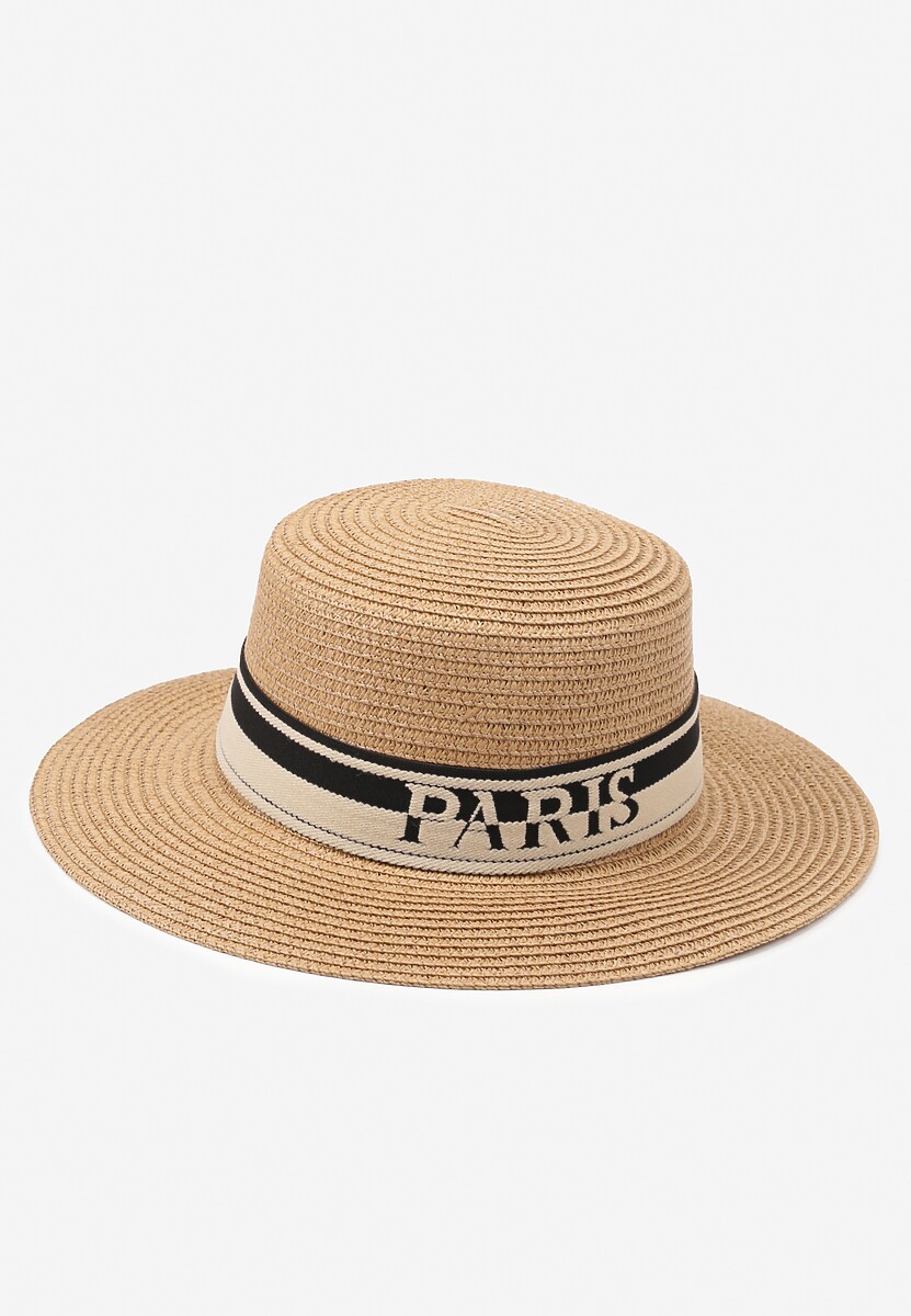 Ciemnobeżowy Kapelusz z Plecionki z Tasiemką i Napisem Kollasea