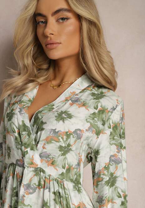 Beżowo-Zielona Sukienka Mini w Kwiatowy Wzór z Szeroką Falbanką na Dole Faeyra