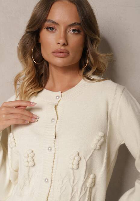 Jasnobeżowy Wiskozowy Kardigan z Guzikami Perełkami Brokatem Tłoczeniem i Kuleczkami Harirani