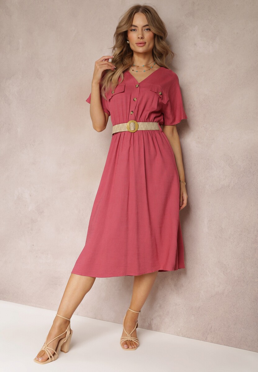Ciemnoróżowa Koszulowa Sukienka Midi z Bawełny z Gumką w Talii i Plecionym Paskiem Emera
