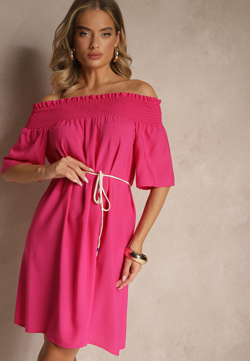 Fuksjowa Sukienka Hiszpanka z Bawełną i Wiskozą Ozdobiona Sznurkiem Lilarelle