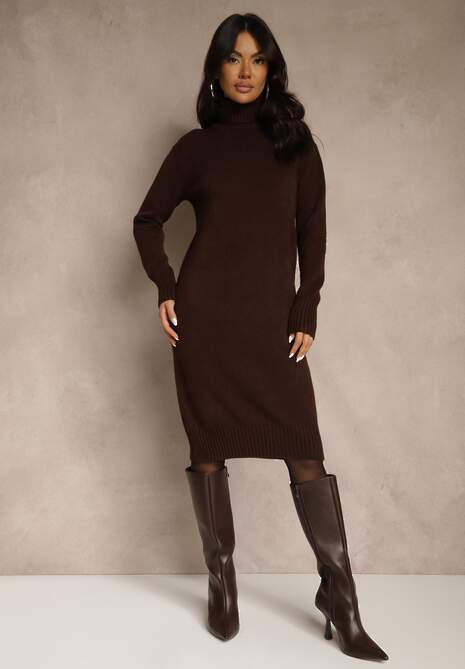 Brązowa Sweterkowa Sukienka z Bawełną i Golfem Reinaria