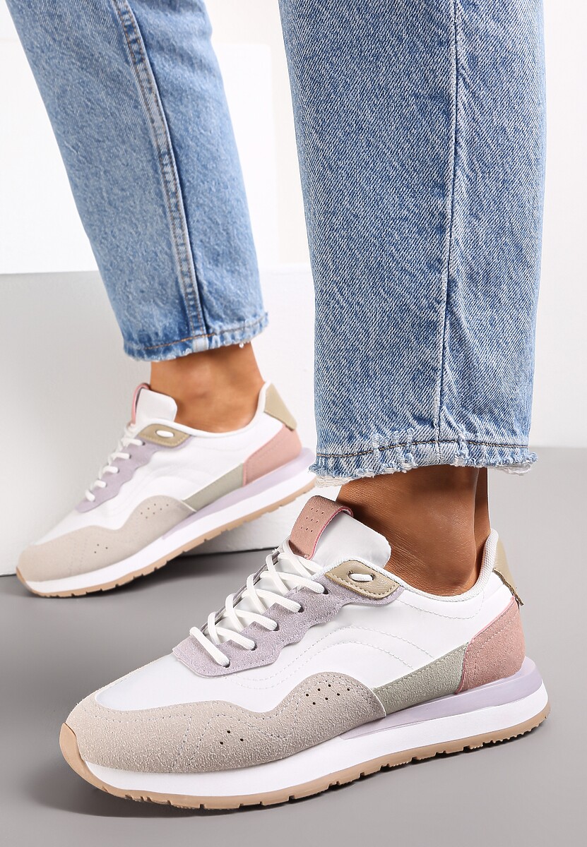 Biało-Fioletowe Sneakersy Zdobione Wstawkami z Imitacji Skóry Fayela