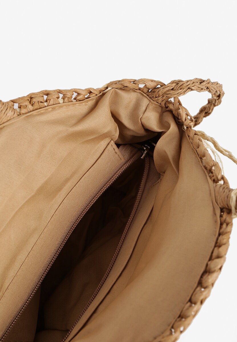 Ciemnobeżowa Torebka z Plecionki o Okrągłym Kształcie Ozdobiona Frędzlami Solaura