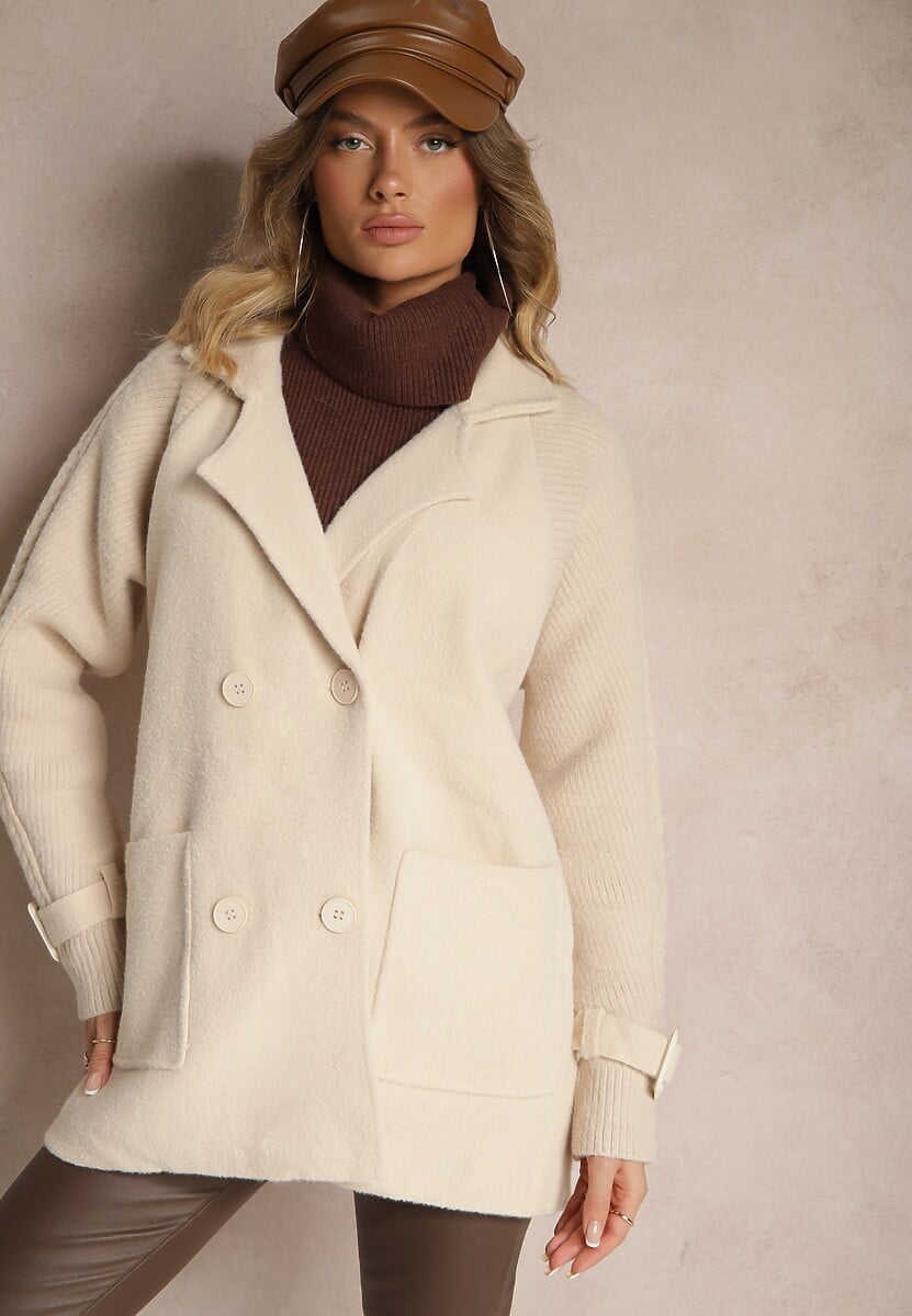 Czarny Dwurzędowy Płaszcz z Bawełną Guzikami i Ściągaczami przy Rękawach Ililina