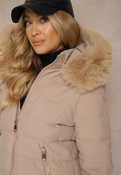 Ciemnobeżowa Pikowana Kurtka Mocno Ocieplana z Odpinanym Kapturem z Futrzanym Wykończeniem Nealith
