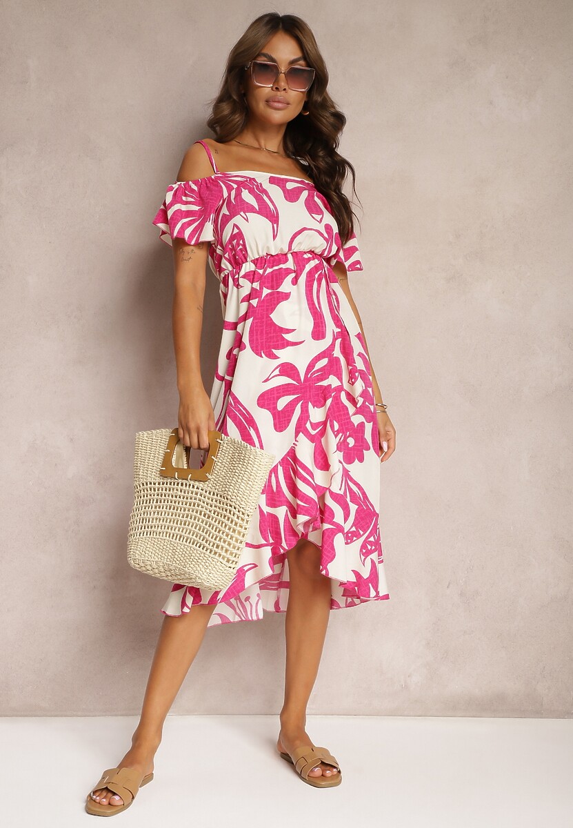 Różowa Sukienka na Ramiączkach z Hiszpańskim Dekoltem i Gumką w Talii Nellondra