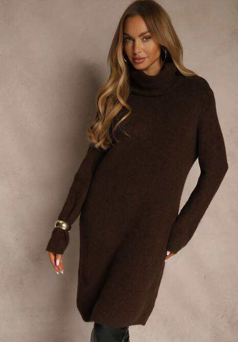 Brązowa Sweterkowa Sukienka Golf z Wełną i Wiskozą Fedorina