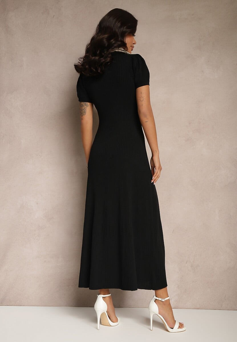 Czarna Wiskozowa Sukienka Rozkloszowana Retro z Guzikami i Kołnierzem Ardival