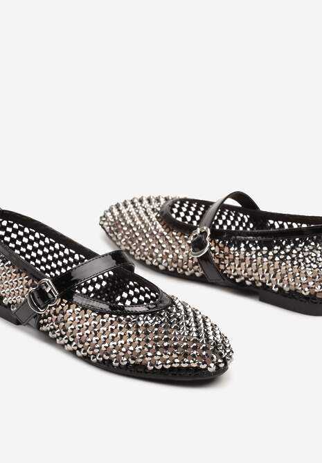Czarne Siateczkowe Balerinki z Paskiem z Błyszczącymi Cyrkoniami Lisabia