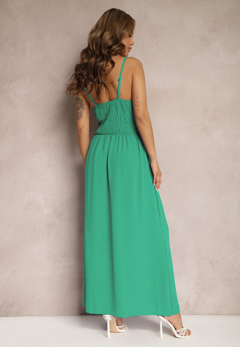 Zielona Sukienka z Wycięciami na Ramiączkach z Wycięciami i Gumką w Talii Lomiara