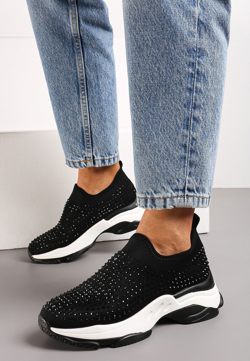 Czarne Buty Sportowe na Grubej Podeszwie w Cyrkonie Elerene