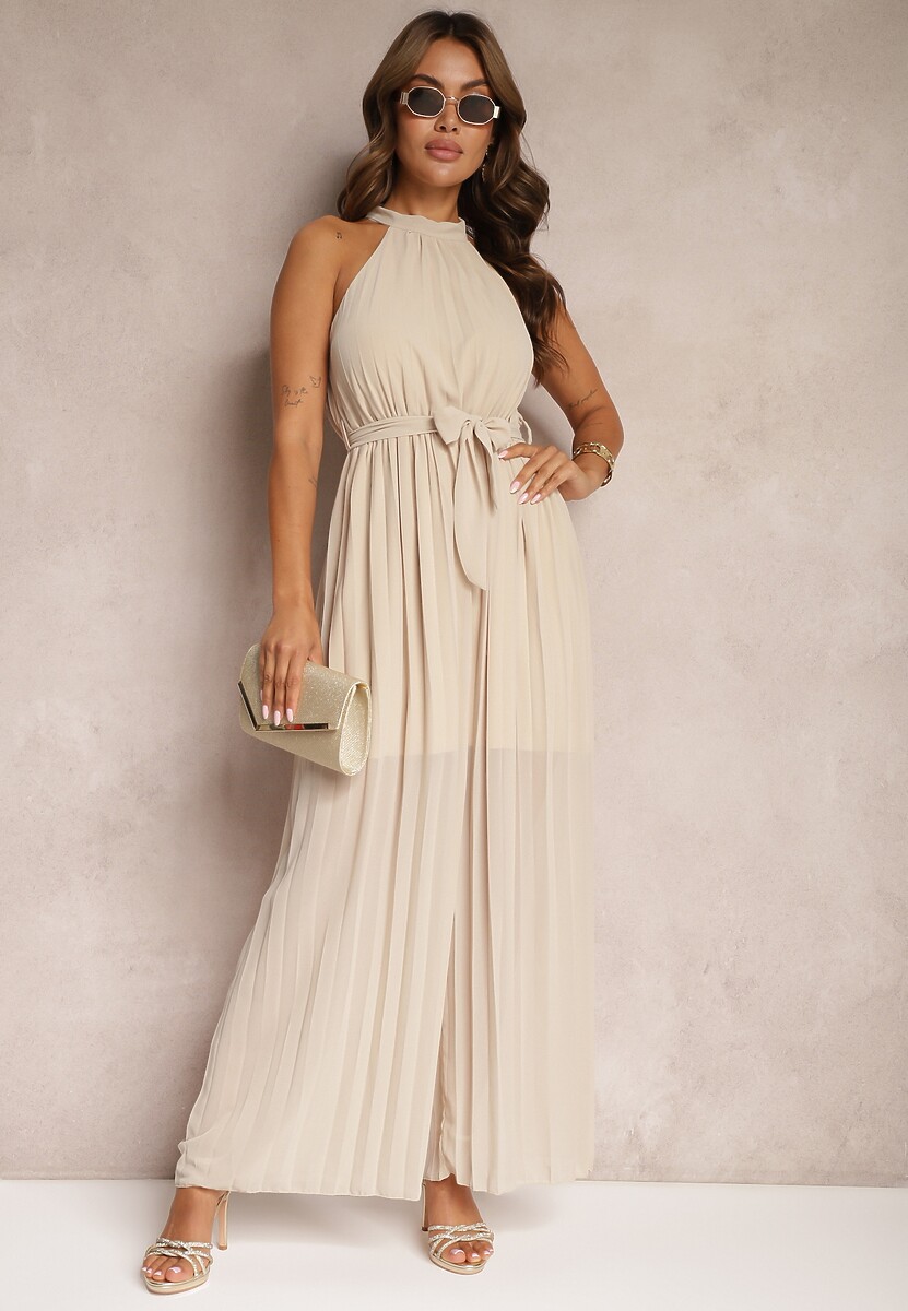 Beżowy Kombinezon z Dekoltem Typu Halter i Gumką w Talii Zolefia