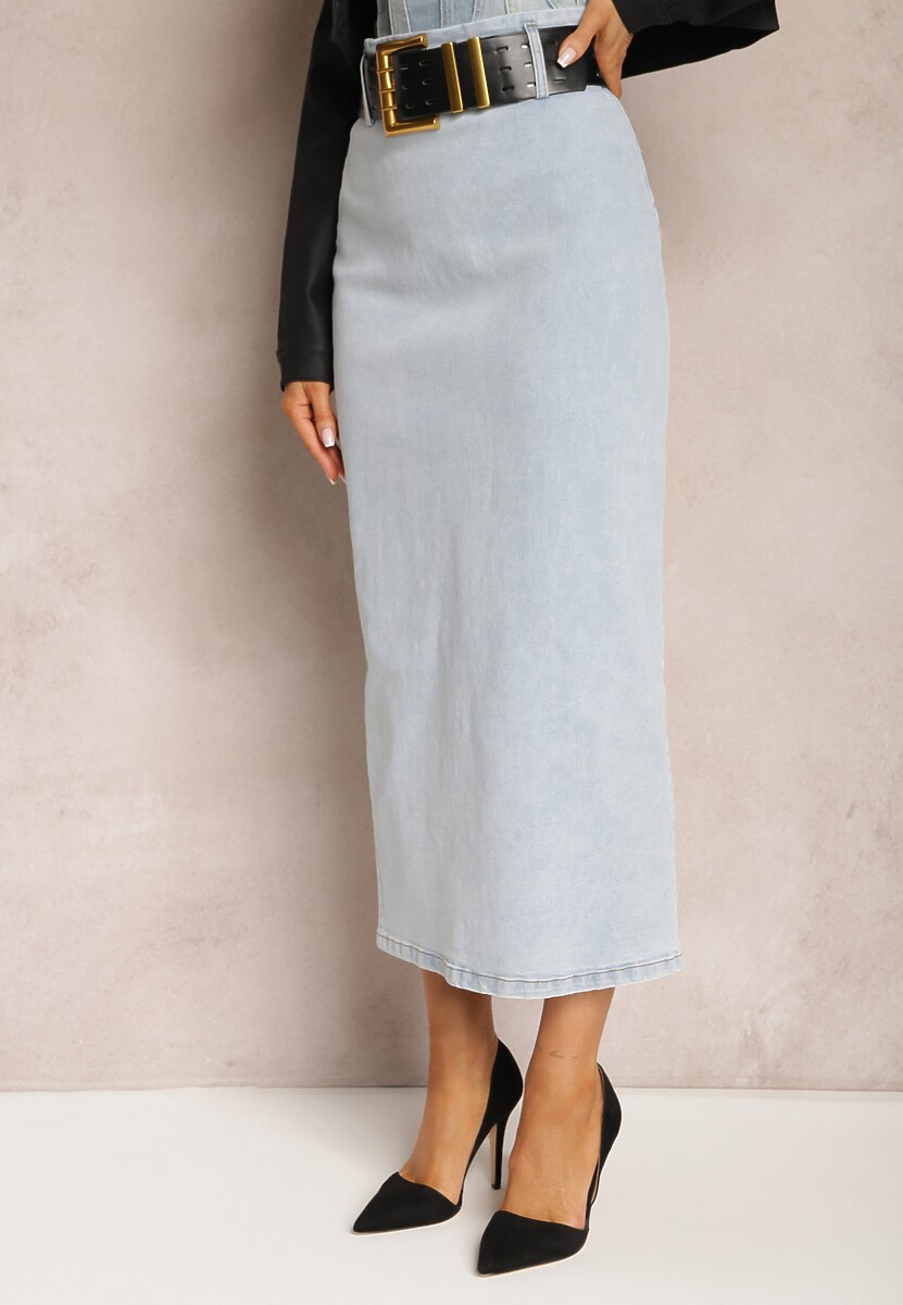 Jasnoniebieska Jeansowa Spódnica Midi Bawełniana z Ażurowym Paskiem i Klamrą Allerio