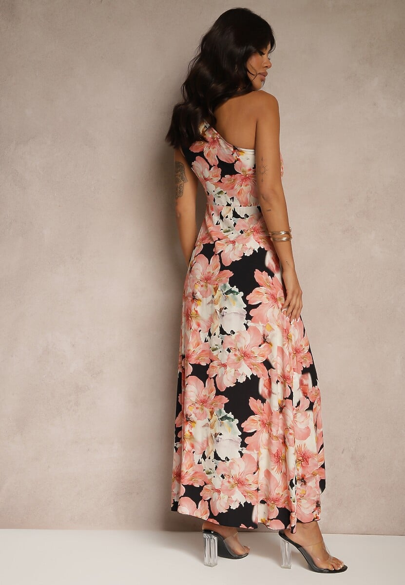 Czarna Asymetryczna Sukienka z Wiskozy w Kwiaty Linive