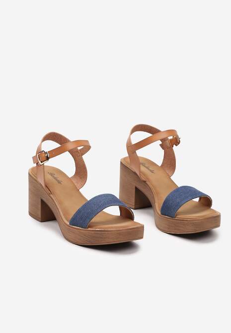 Granatowe Sandały na Klocku z Imitacji Drewna Zapinane wokół Kostki Effique