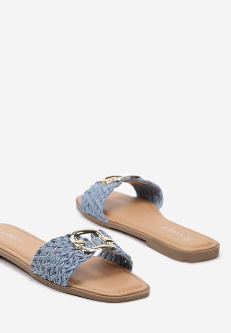 Niebieskie Płaskie Klapki ze Złotą Klamrą Efimue
