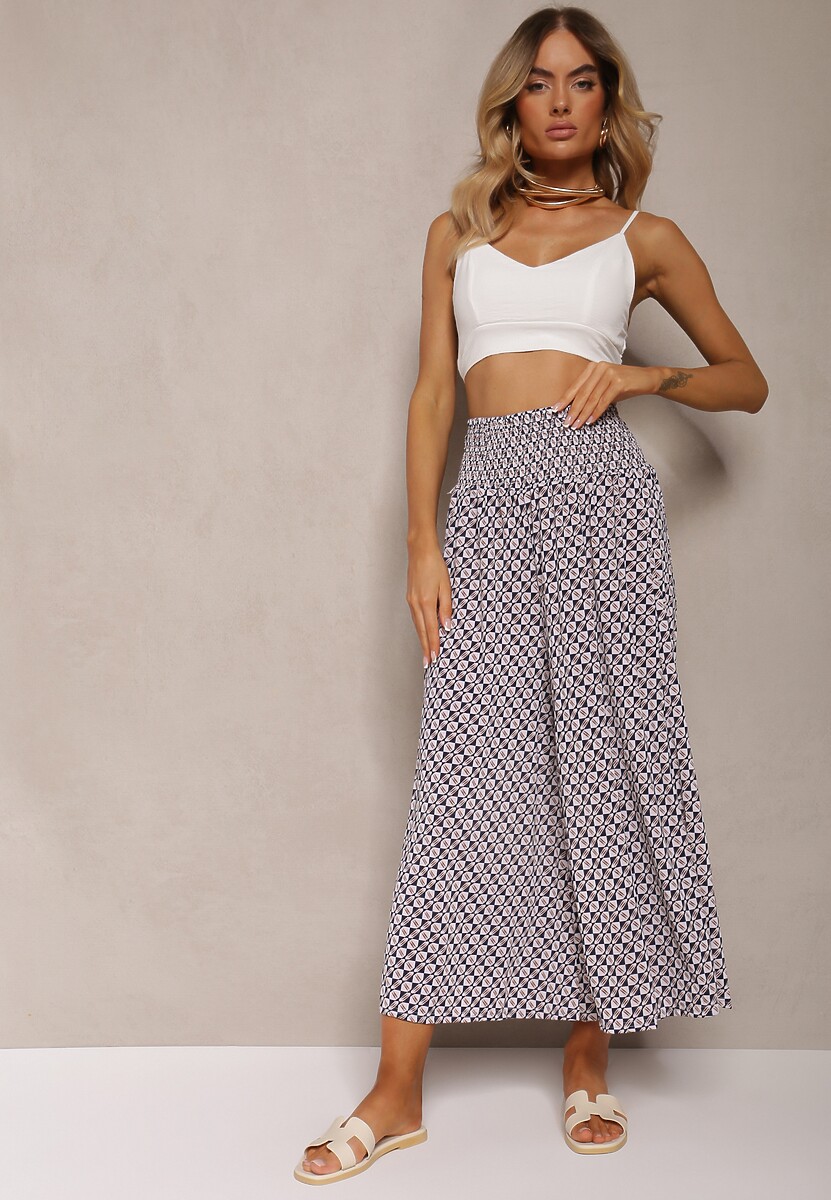 Czarno-Beżowe Spodnie High Waist z Bawełny z Rozszerzanymi Nogawkami i Gumką Nereialla