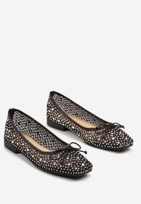Czarne Balerinki z Siateczkową Cholewką Ozdobione Cyrkoniami i Kokardą Abbona