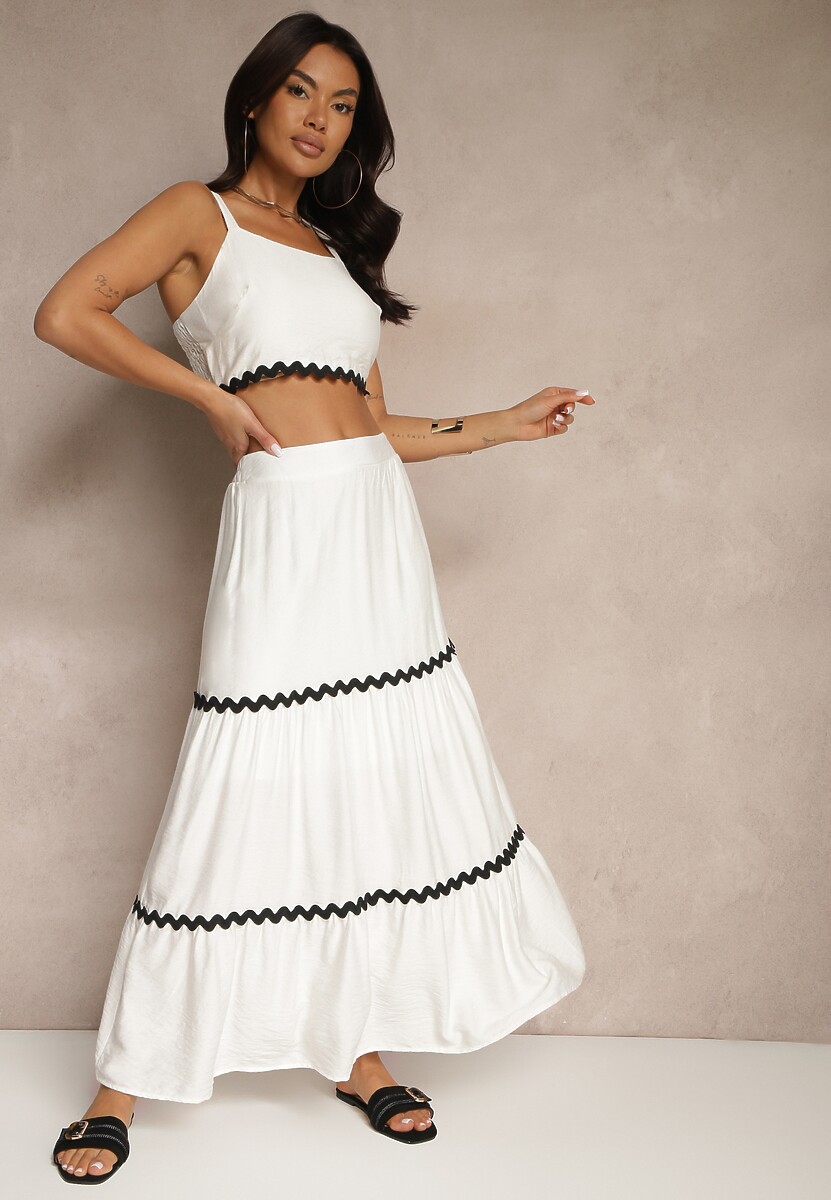 Biały Komplet z Wiskozy Top na Ramiączkach i Spódnica Rozkloszowana z Gumką w Pasie Efrisia