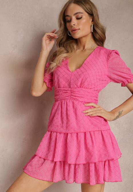 Różowa Marszczona Sukienka Mini z Falbankami i Metaliczną Nitką Elody