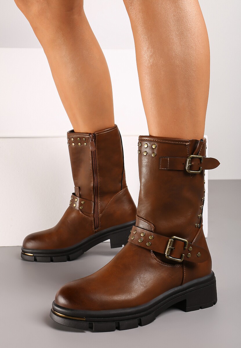 Brązowe Motocyklowe Botki Ozdobione Nitami i Klamrami przy Cholewce Ezirra