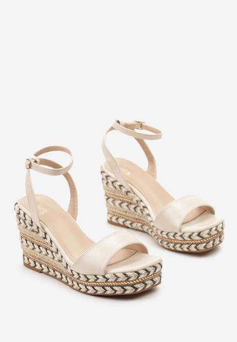 Beżowe Sandały na Koturnie z Platformą z Ozdobną Plecionką Boho Calypse