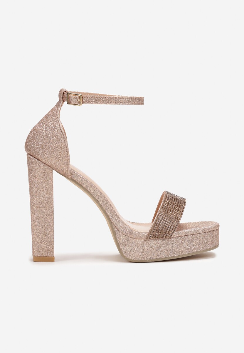 Złote Sandały Brokatowe na Platformie i Słupku Lirena