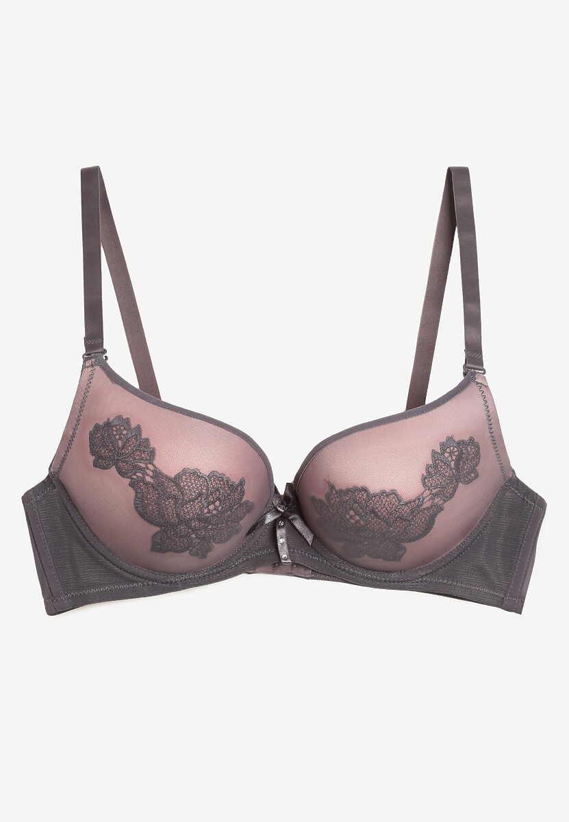 Szaro-Różowy Biustonosz Push Up Ozdobiony Kwiatowym Wzorem i Kokardką Amaril