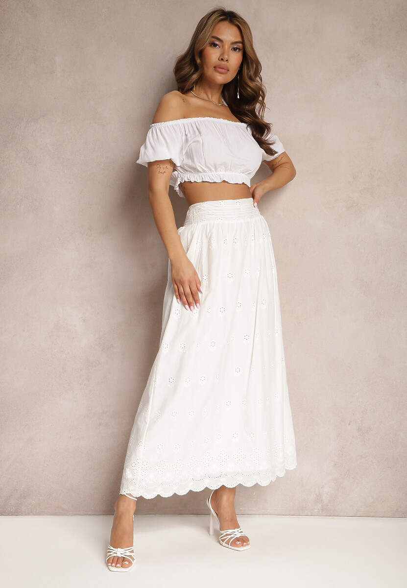 Biała Spódnica z Bawełny o Haftowanym Wykończeniu z Gumką w Talii Wiastera