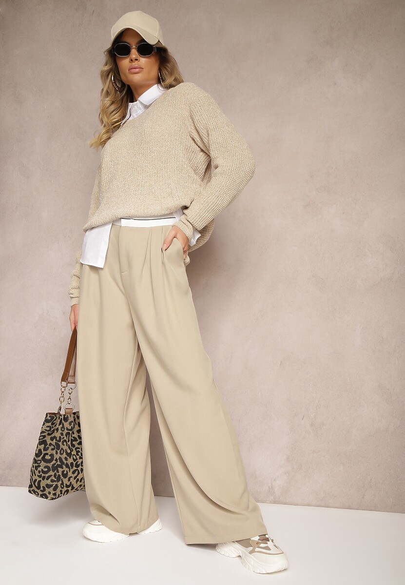 Beżowe Spodnie z Wiskozy Palazzo High Waist Zapinane na Suwak Nellieva