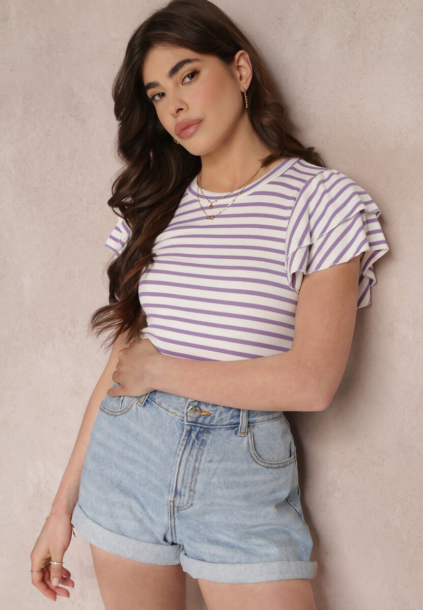 Fioletowo-Biała Pasiasta Bluzka z Prążkowanej Wiskozy z Dwuwarstwowymi Rękawami Lisete