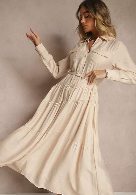 Beżowa Rozkloszowana Sukienka z Wiskozy z Guzikami i Paskiem Ronesa