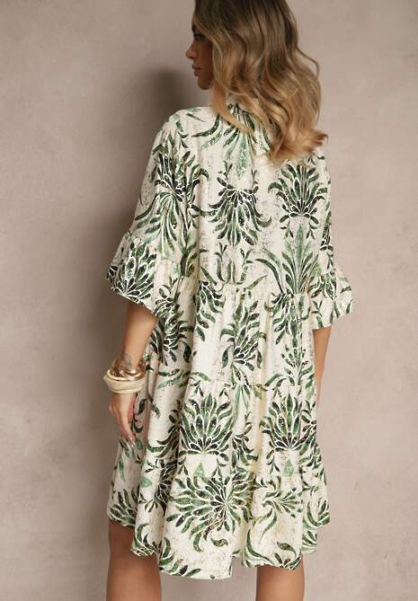 Zielono-Beżowa Sukienka z Lnem o Rozkloszowanym Kroju Zdobiona Metalicznym Nadrukiem Filinwena