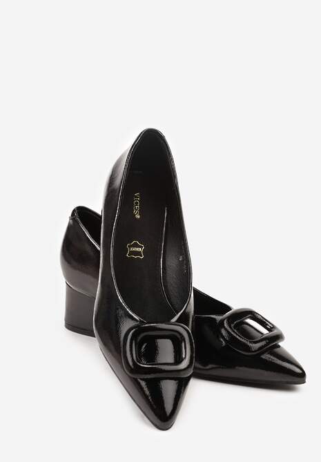 Czarne Czółenka Vices na Słupku z Wkładką ze Skóry Naturalnej i Klamrą Apanelle