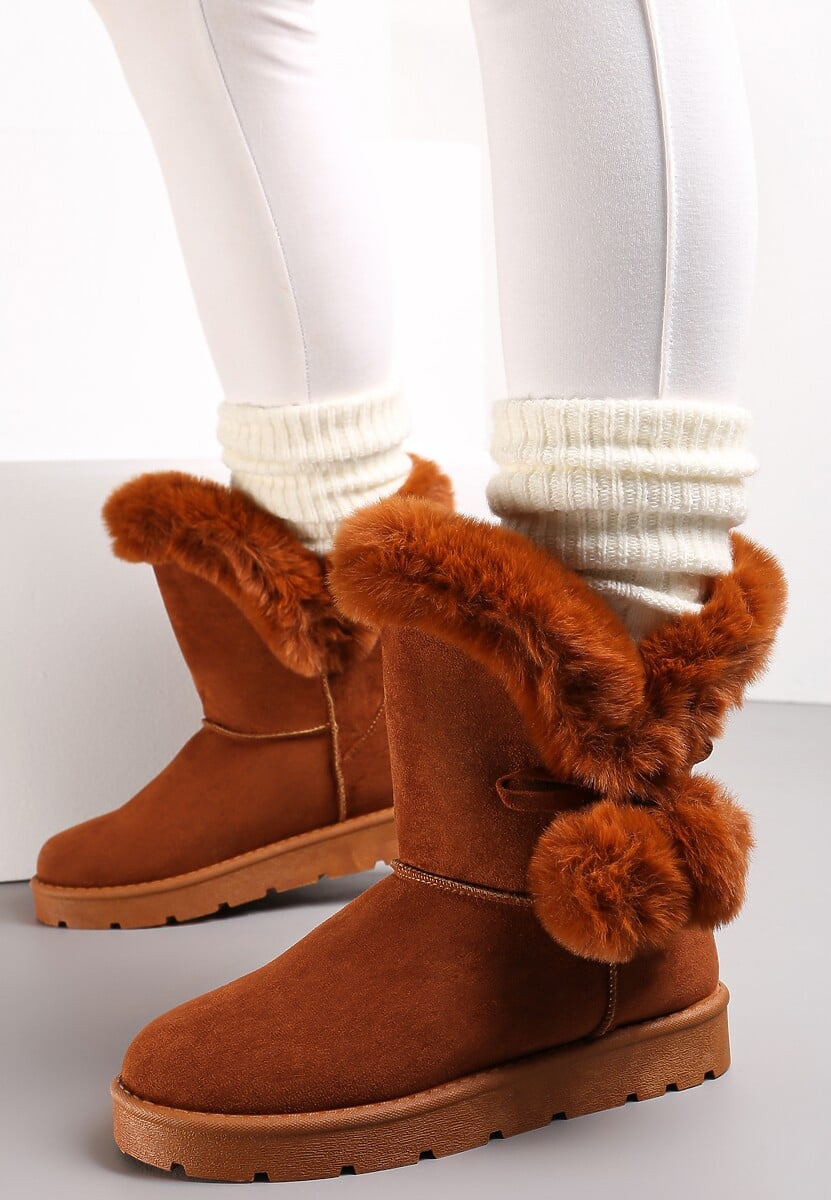 Brązowe Śniegowce z Futerkiem i Pomponami Teido