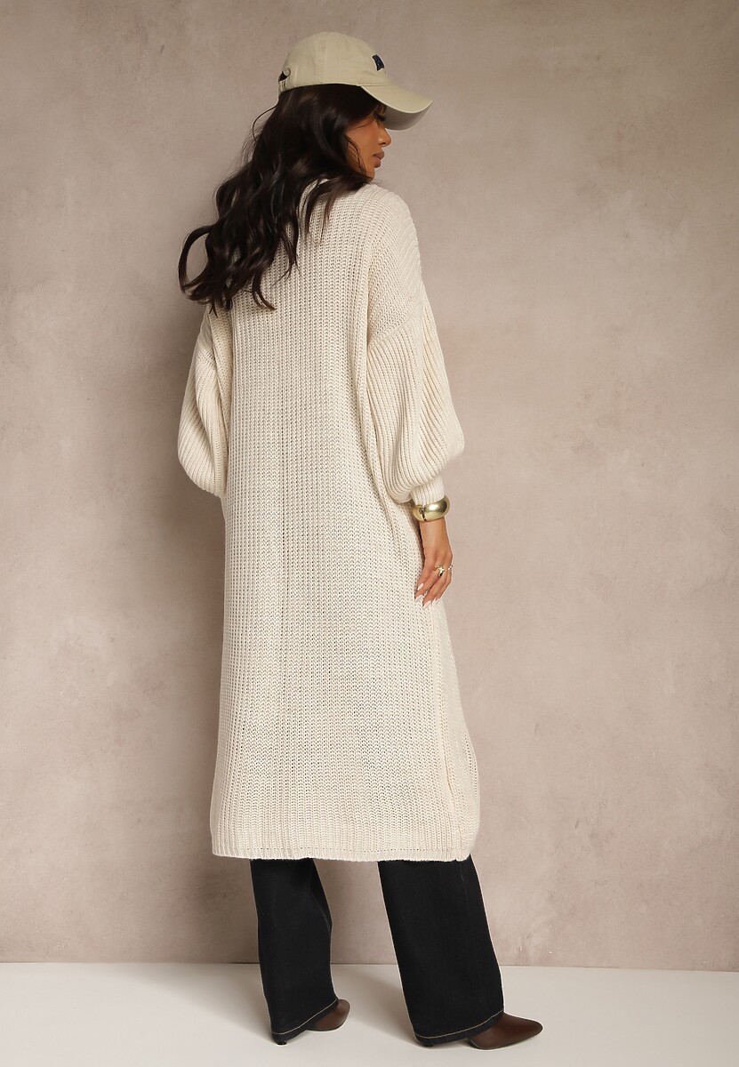 Jasnobeżowy Kardigan Długi z Bufiastym Rękawem Mesho
