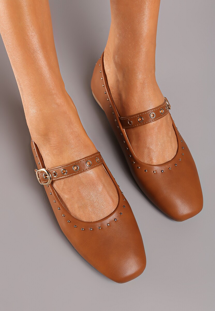 Brązowe Balerinki na Płaskiej Podeszwie Mary Jane z Ćwiekami Bialonna