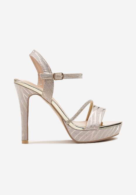 Złote Sandały z Wysoką Szpilką i Platformą Ozdobione Metalicznym Wzorem i Cyrkoniami Robinia