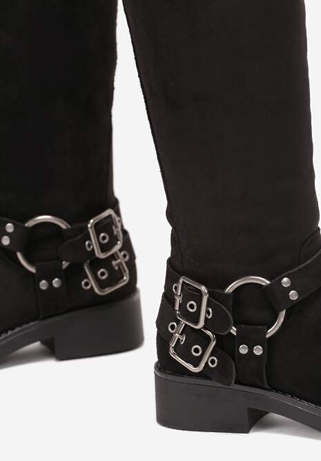 Czarne Kozaki Bikery z Ekoskóry z Ozdobnym Paskiem z Klamrą Marvita