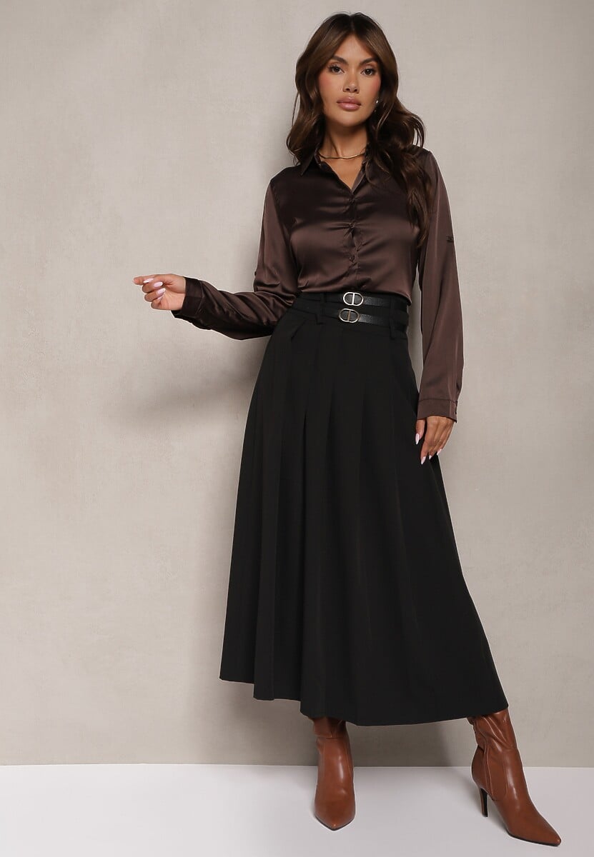 Czarna Rozkloszowana Spódnica Plisowana z Dwoma Paskami z Klamrami  Jaleara